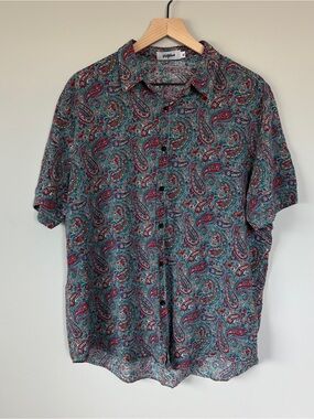 Teal Paisley Short-Sleeve VATPAVE Button-Up Cotton Viscose Shirt XL